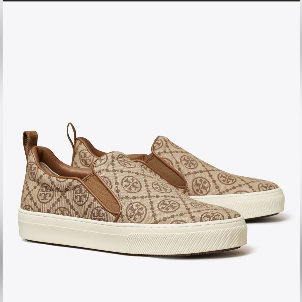 Tory Burch T Monogram Slip On Sneakers Jacquard/Calf Leather Size 8.5
